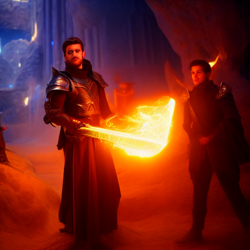 Flynn holds the glowing, mystical artifact in his hands, surrounded by the awe-struck knights.